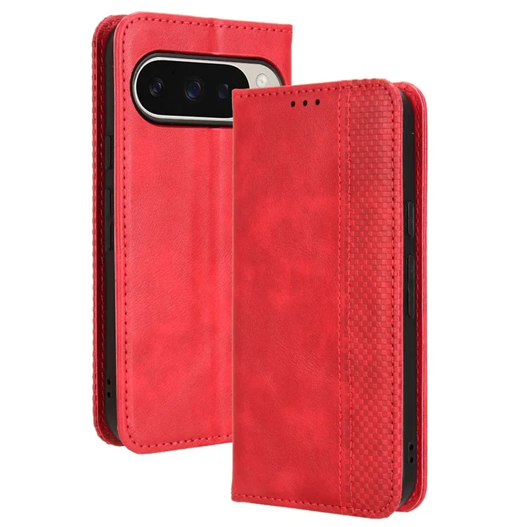 Para Google Pixel 9 Pro / Pixel 9 Case Retro PU Leather Wallet Phone Cover Magnetic Auto-Absorbed - Vermelho