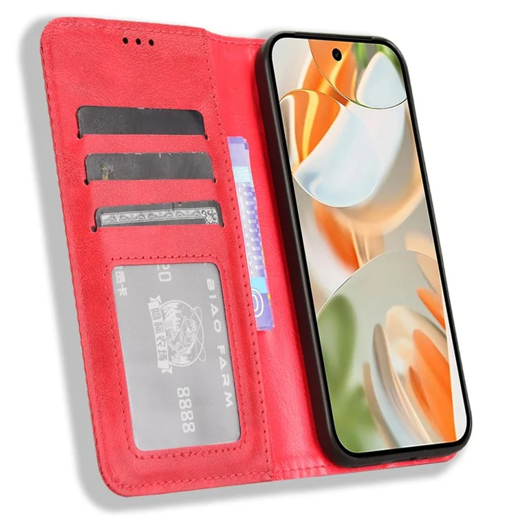 Para Google Pixel 9 Pro / Pixel 9 Case Retro PU Leather Wallet Phone Cover Magnetic Auto-Absorbed - Vermelho