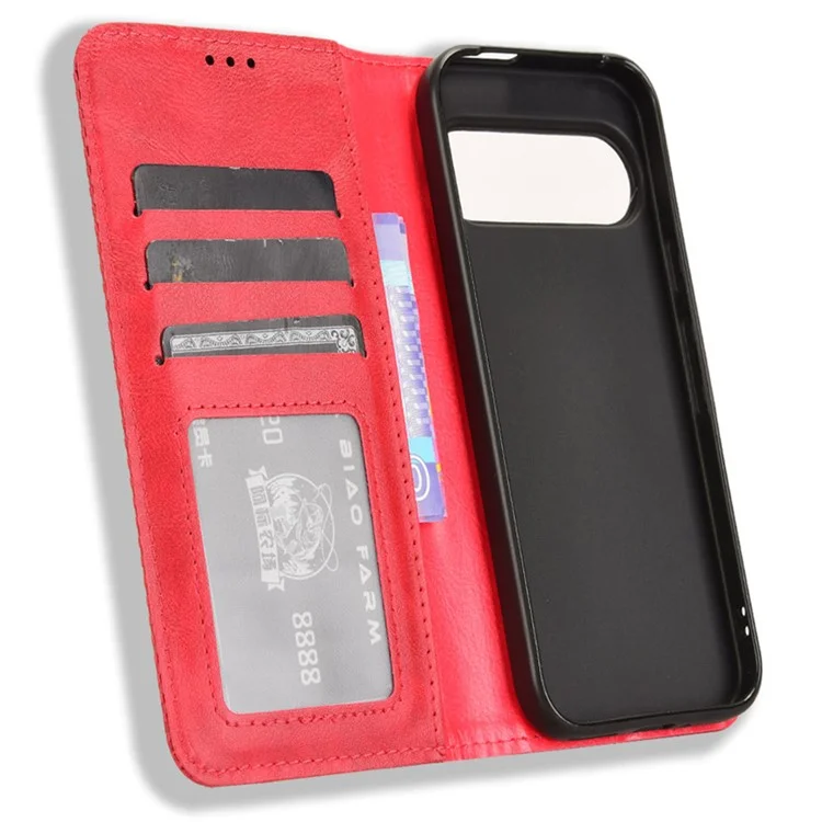Para Google Pixel 9 Pro / Pixel 9 Case Retro PU Leather Wallet Phone Cover Magnetic Auto-Absorbed - Vermelho