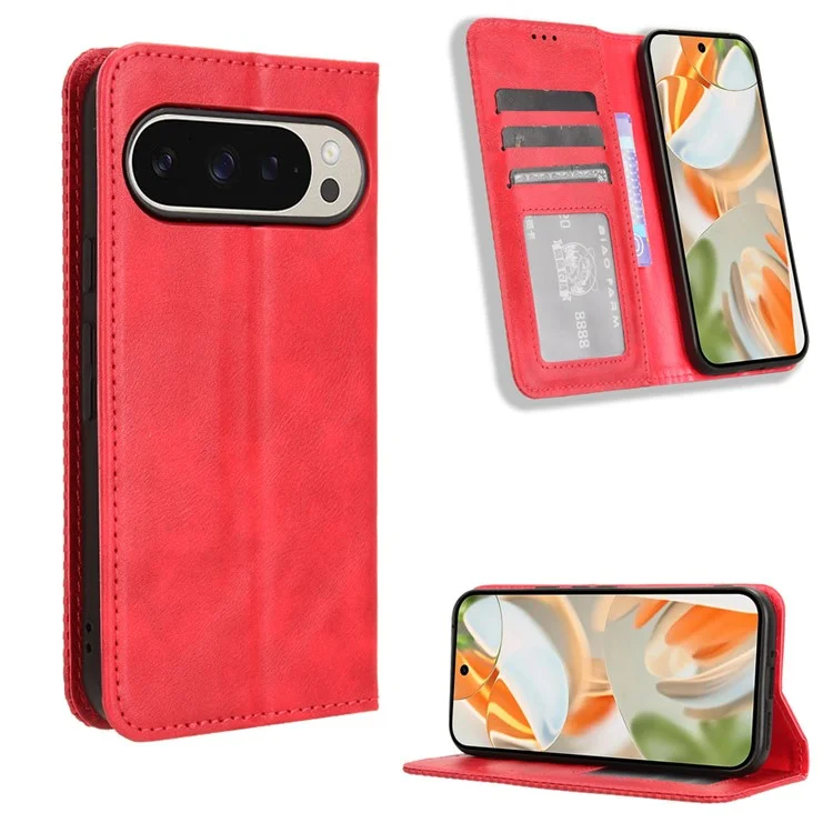 Para Google Pixel 9 Pro / Pixel 9 Case Retro PU Leather Wallet Phone Cover Magnetic Auto-Absorbed - Vermelho