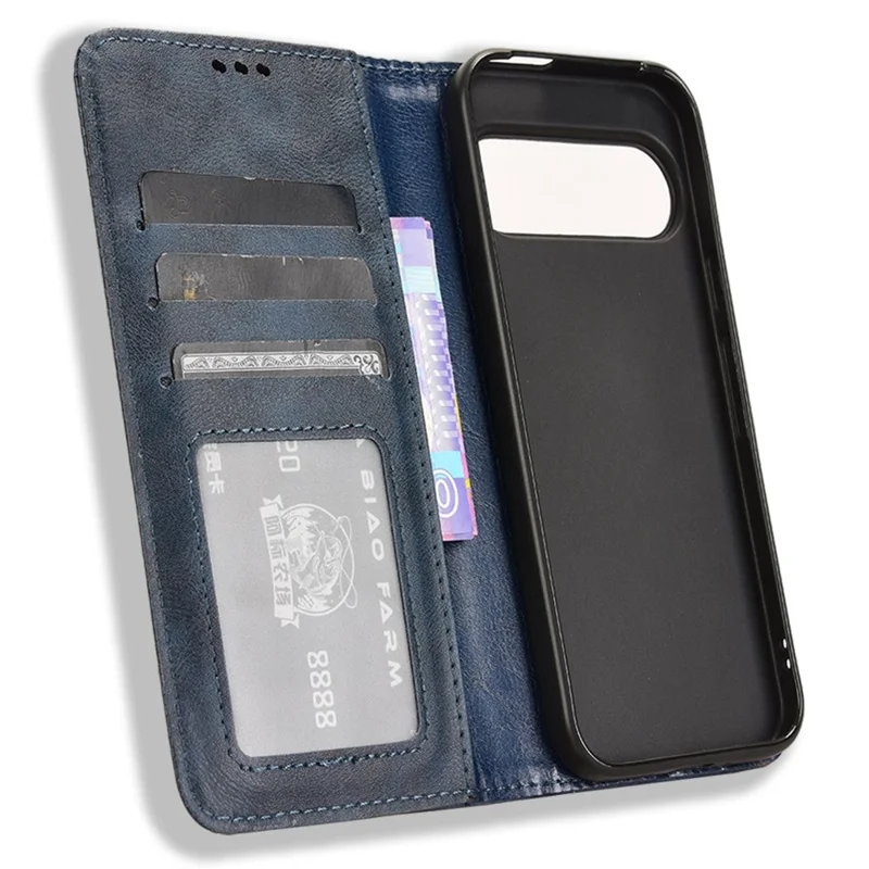 For Google Pixel 9 Pro / Pixel 9 Case Retro PU Leather Wallet Phone Cover Magnetic Auto-Absorbed - Blue