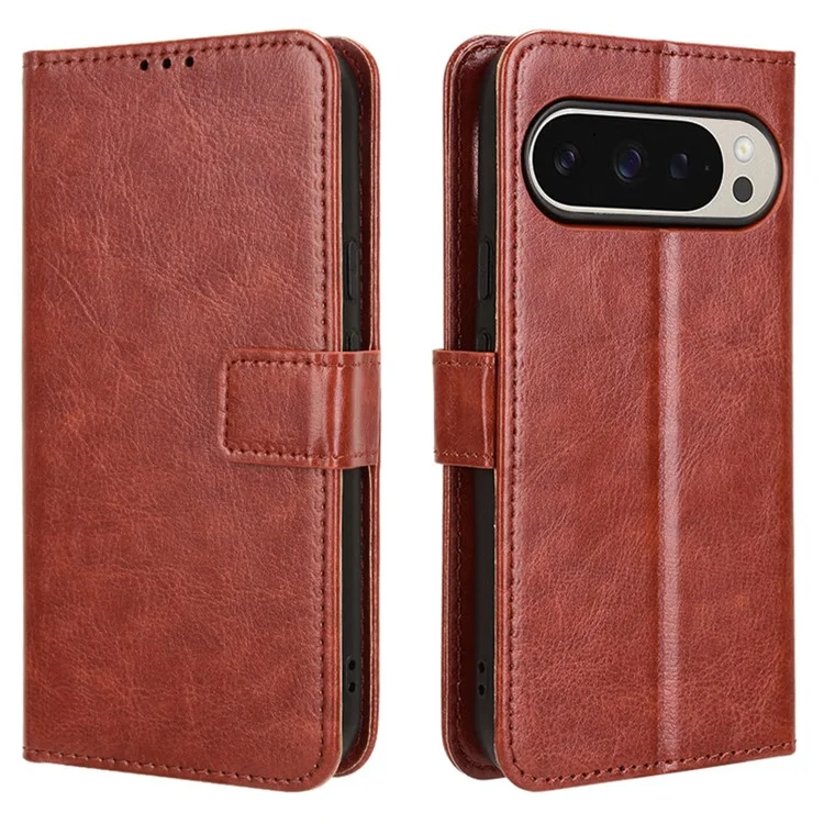 For Google Pixel 9 Case Crazy Horse Texture PU Leather Wallet Protective Phone Cover - Brown