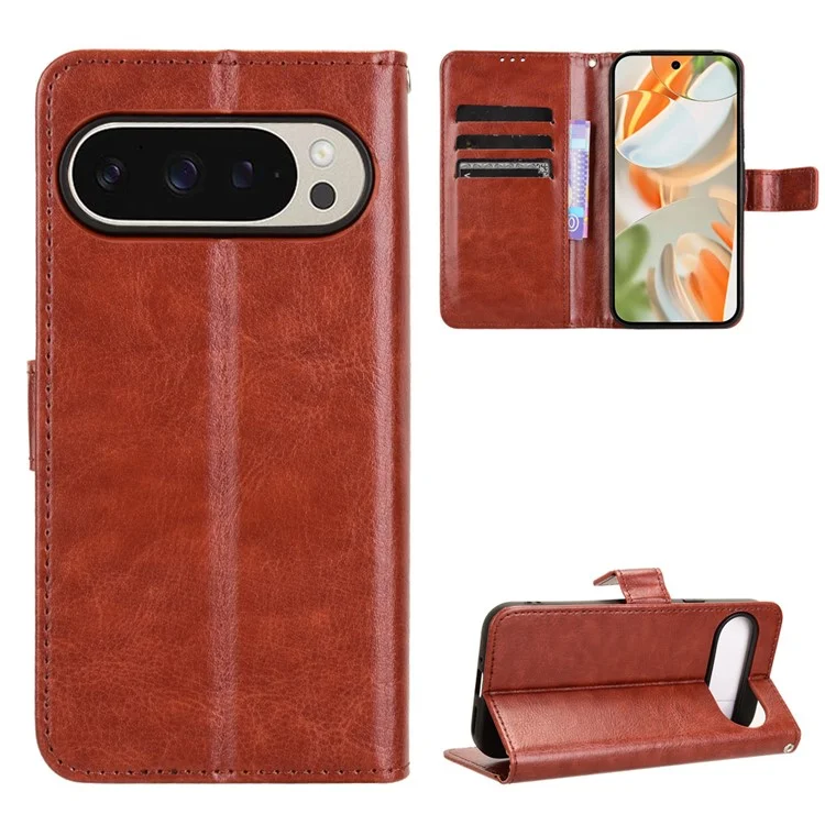 For Google Pixel 9 Case Crazy Horse Texture PU Leather Wallet Protective Phone Cover - Brown