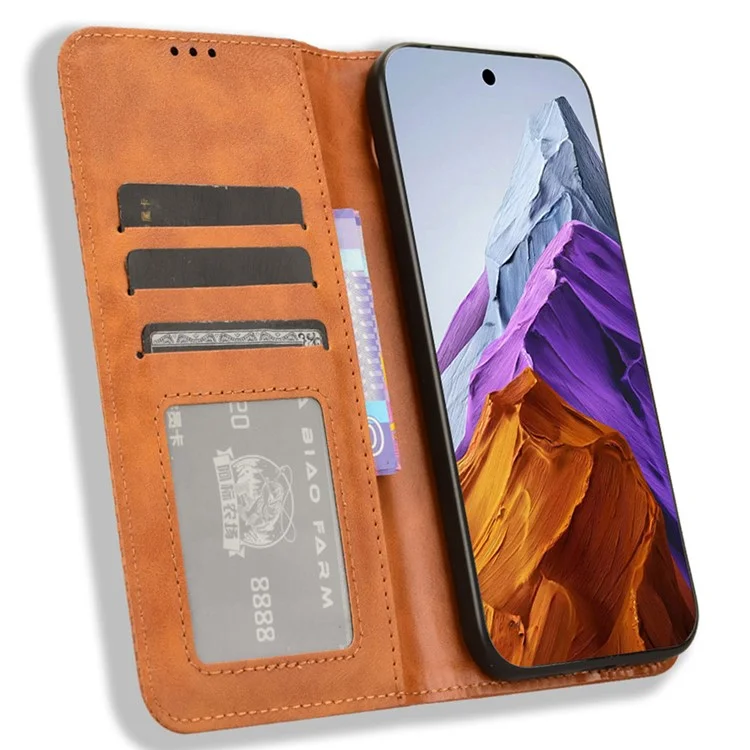 Para Google Pixel 9 Pro XL Funda Vintage Leather Stand Cierre magnético Funda de teléfono - Marrón