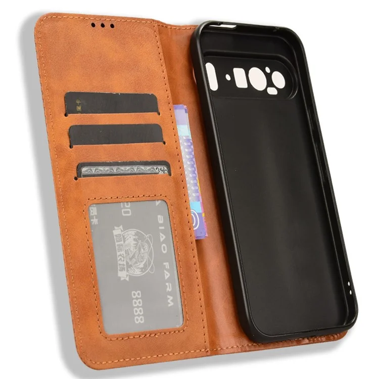 Para Google Pixel 9 Pro XL Funda Vintage Leather Stand Cierre magnético Funda de teléfono - Marrón