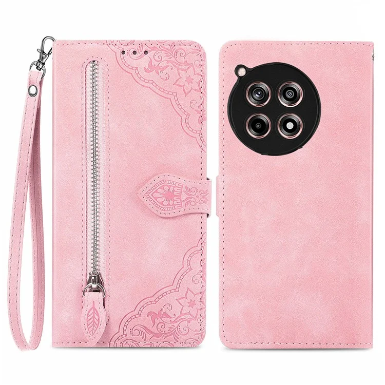 For OnePlus 12R 5G / Ace 3 5G Zipper Wallet Case with Strap Flower Imprint PU Leather Phone Cover - Pink