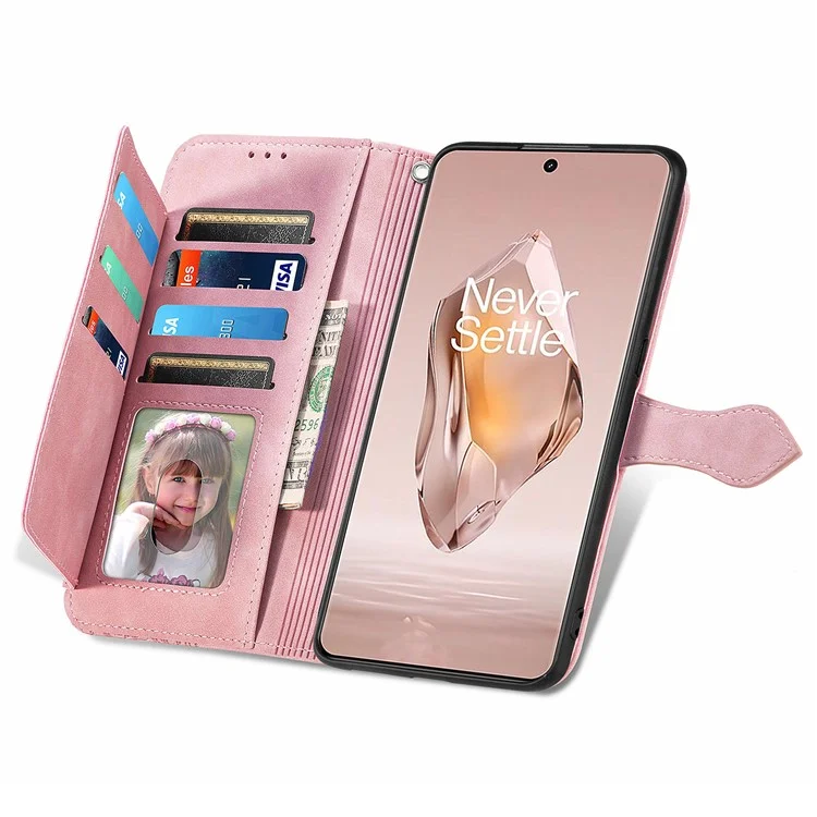 For OnePlus 12R 5G / Ace 3 5G Zipper Wallet Case with Strap Flower Imprint PU Leather Phone Cover - Pink