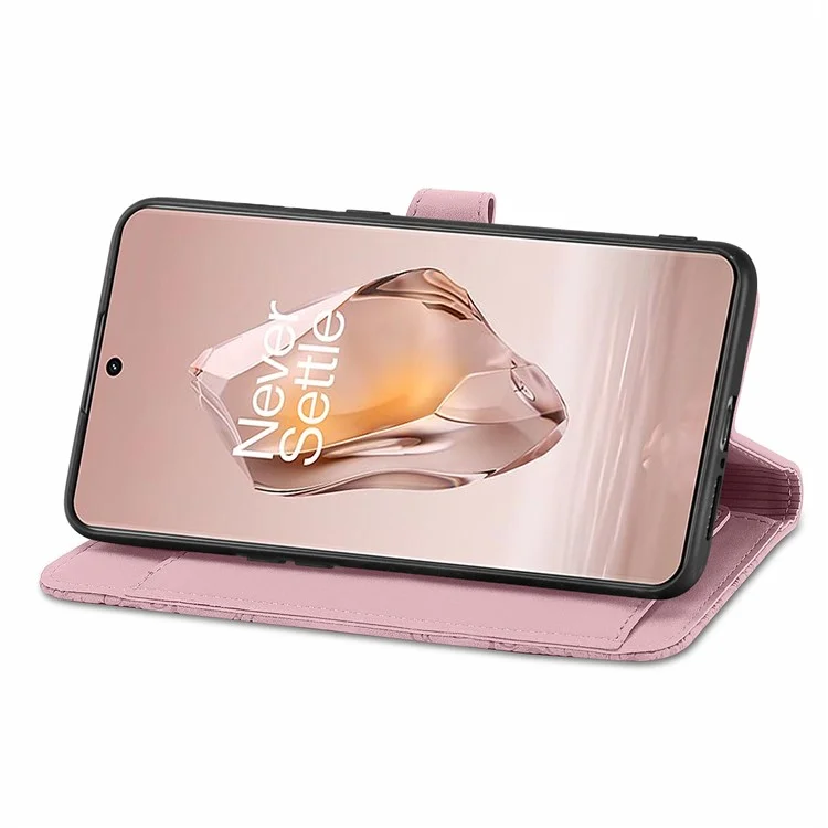 For OnePlus 12R 5G / Ace 3 5G Zipper Wallet Case with Strap Flower Imprint PU Leather Phone Cover - Pink