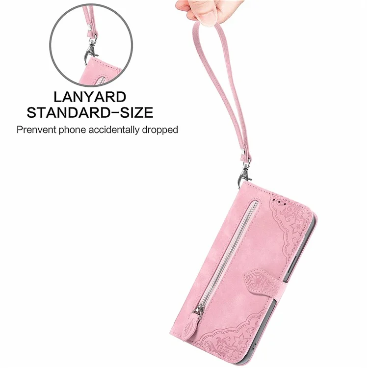 For OnePlus 12R 5G / Ace 3 5G Zipper Wallet Case with Strap Flower Imprint PU Leather Phone Cover - Pink