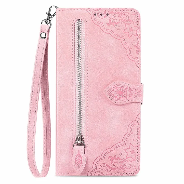 For OnePlus 12R 5G / Ace 3 5G Zipper Wallet Case with Strap Flower Imprint PU Leather Phone Cover - Pink