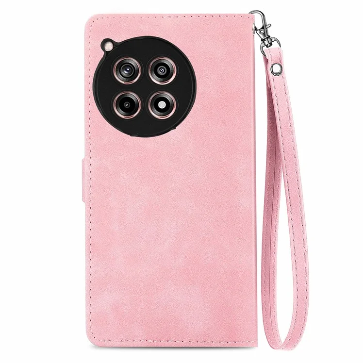 For OnePlus 12R 5G / Ace 3 5G Zipper Wallet Case with Strap Flower Imprint PU Leather Phone Cover - Pink