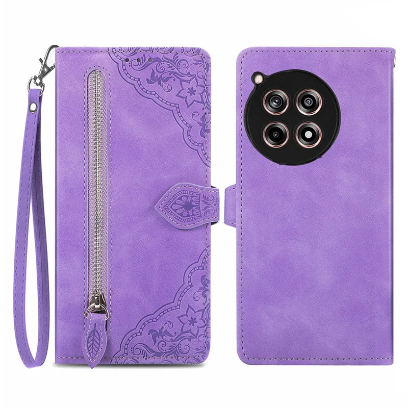For OnePlus 12R 5G / Ace 3 5G Zipper Wallet Case with Strap Flower Imprint PU Leather Phone Cover - Light Purple