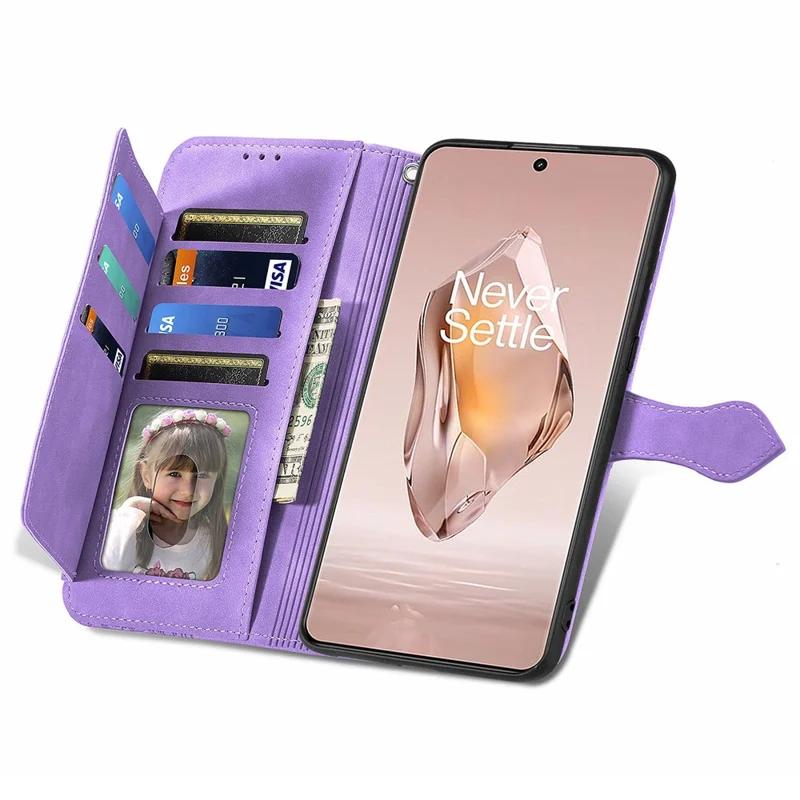 For OnePlus 12R 5G / Ace 3 5G Zipper Wallet Case with Strap Flower Imprint PU Leather Phone Cover - Light Purple