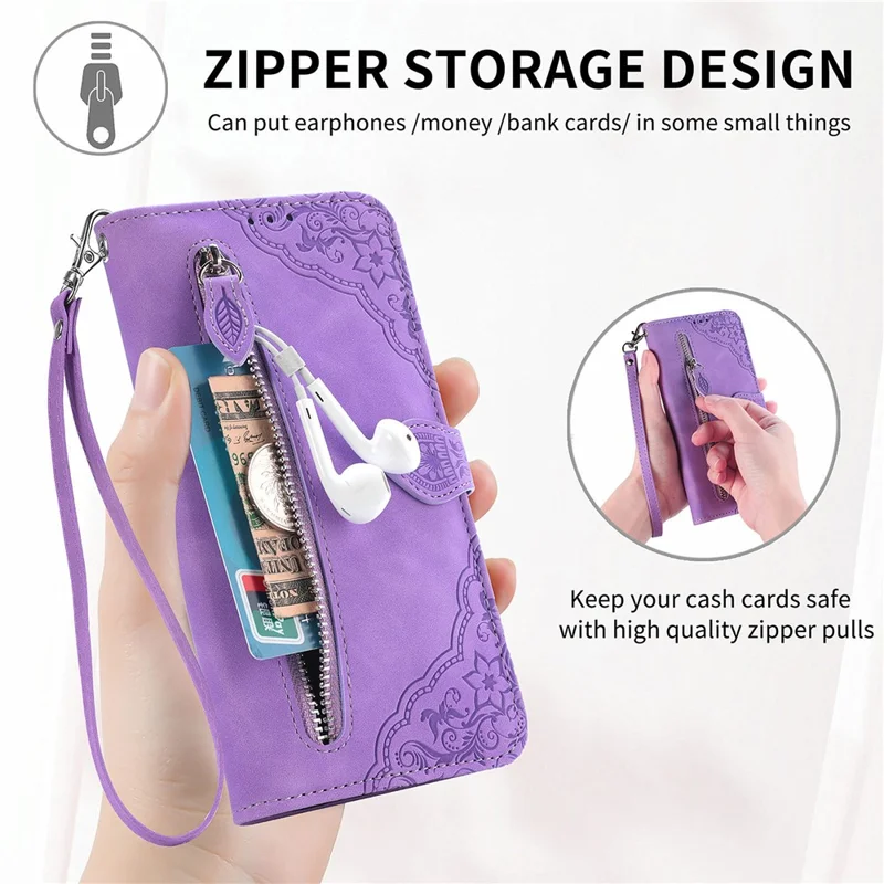 For OnePlus 12R 5G / Ace 3 5G Zipper Wallet Case with Strap Flower Imprint PU Leather Phone Cover - Light Purple