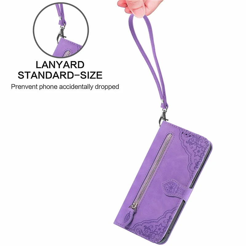 For OnePlus 12R 5G / Ace 3 5G Zipper Wallet Case with Strap Flower Imprint PU Leather Phone Cover - Light Purple