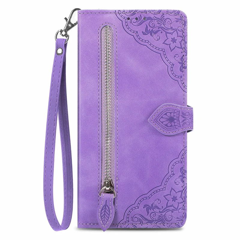 For OnePlus 12R 5G / Ace 3 5G Zipper Wallet Case with Strap Flower Imprint PU Leather Phone Cover - Light Purple