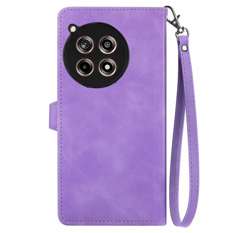 For OnePlus 12R 5G / Ace 3 5G Zipper Wallet Case with Strap Flower Imprint PU Leather Phone Cover - Light Purple