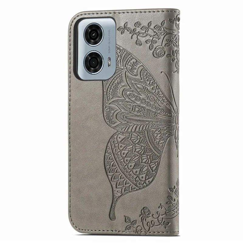 Per Motorola Moto G24 Power Case Floral Butterfly PU Leather Flip Phone Cover - Grey