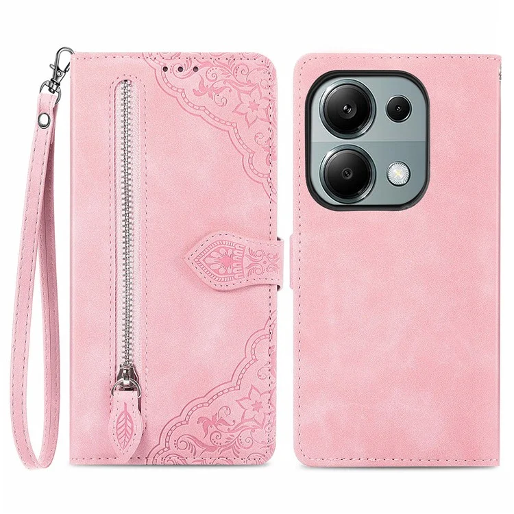 For Xiaomi Redmi Note 13 Pro 4G / Poco M6 Pro 4G Zipper Wallet Case with Strap Flower Imprint PU Leather Phone Cover - Pink