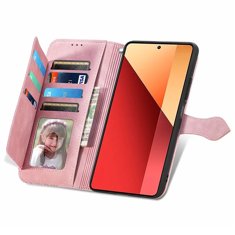 For Xiaomi Redmi Note 13 Pro 4G / Poco M6 Pro 4G Zipper Wallet Case with Strap Flower Imprint PU Leather Phone Cover - Pink