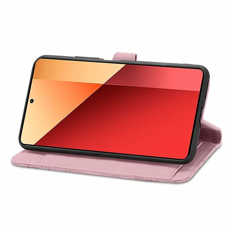 For Xiaomi Redmi Note 13 Pro 4G / Poco M6 Pro 4G Zipper Wallet Case with Strap Flower Imprint PU Leather Phone Cover - Pink