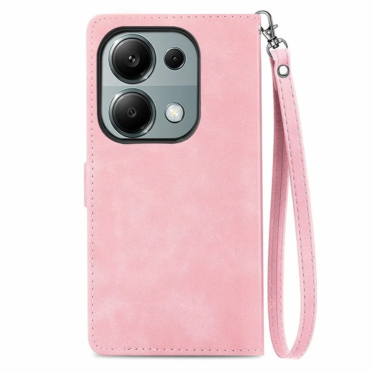 For Xiaomi Redmi Note 13 Pro 4G / Poco M6 Pro 4G Zipper Wallet Case with Strap Flower Imprint PU Leather Phone Cover - Pink