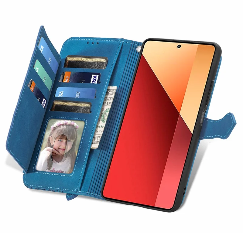 For Xiaomi Redmi Note 13 Pro 4G / Poco M6 Pro 4G Zipper Wallet Case with Strap Flower Imprint PU Leather Phone Cover - Blue