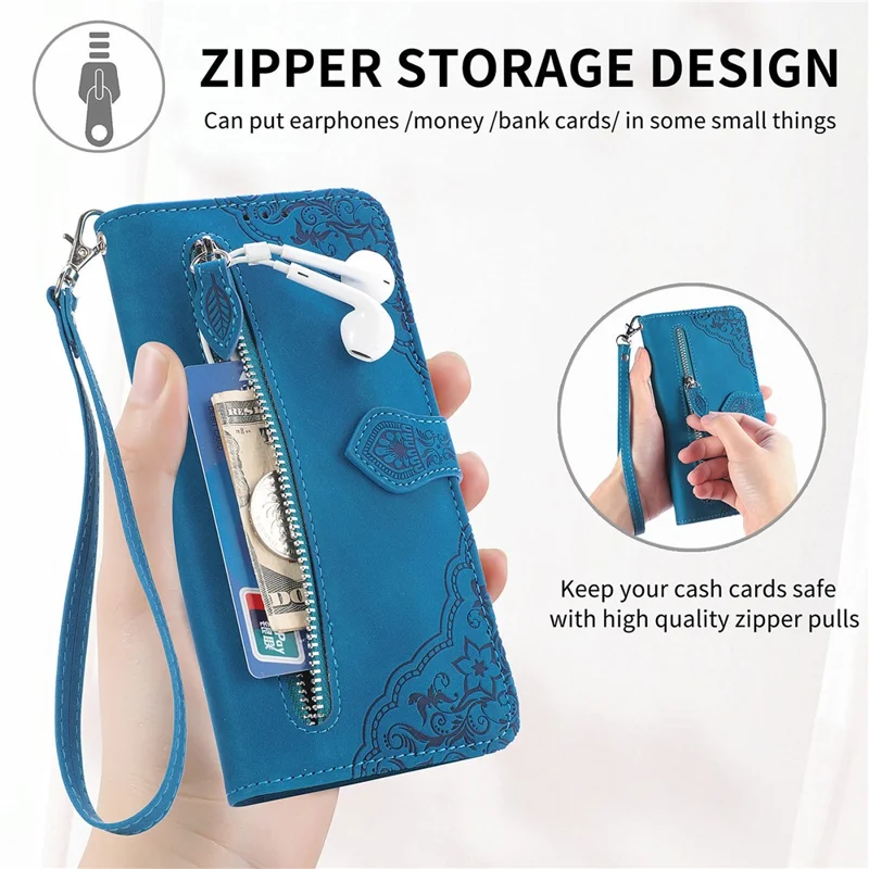 For Xiaomi Redmi Note 13 Pro 4G / Poco M6 Pro 4G Zipper Wallet Case with Strap Flower Imprint PU Leather Phone Cover - Blue