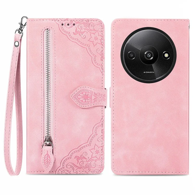 Per Xiaomi Redmi A3 / Poco C61 4G Custodia Portafoglio con Cerniera Fiore Impresso Supporto per Telefono - Rosa