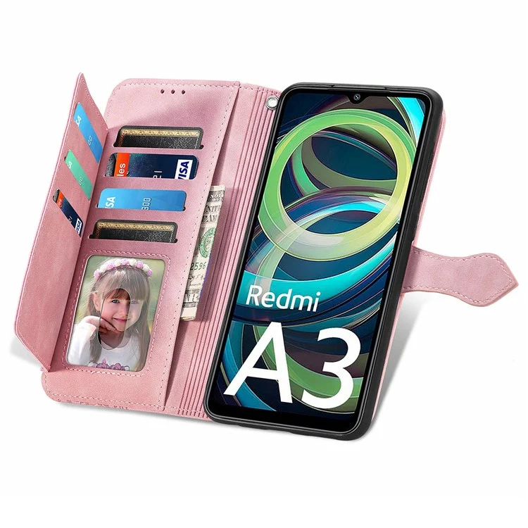 Per Xiaomi Redmi A3 / Poco C61 4G Custodia Portafoglio con Cerniera Fiore Impresso Supporto per Telefono - Rosa