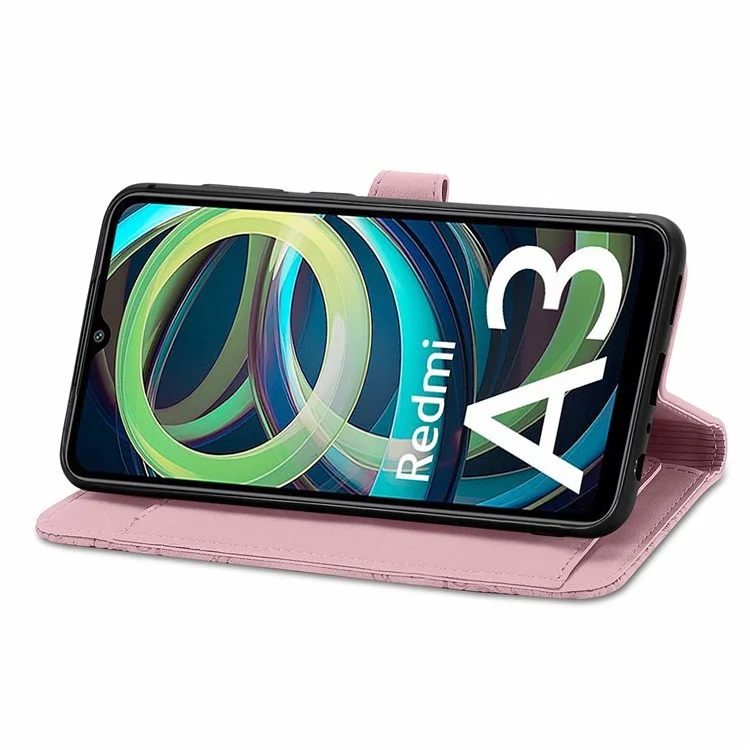 Per Xiaomi Redmi A3 / Poco C61 4G Custodia Portafoglio con Cerniera Fiore Impresso Supporto per Telefono - Rosa