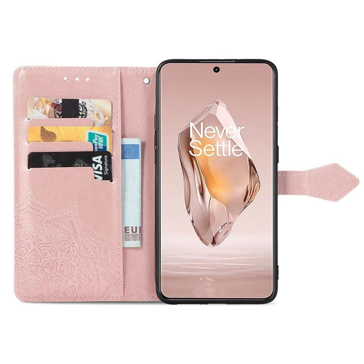 For OnePlus 12R 5G Case PU Leather Embossed Phone Cover with Card Slots - Rose Gold