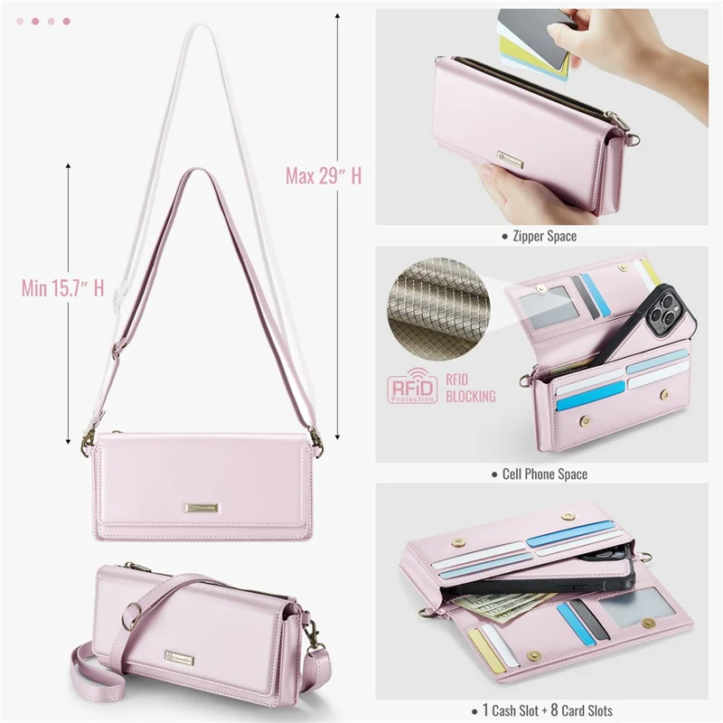 CASEME Me30 4.0-6.7 inch Phone Leather Bag RFID Blocking Wallet Crossbody Phone Bag - Pink