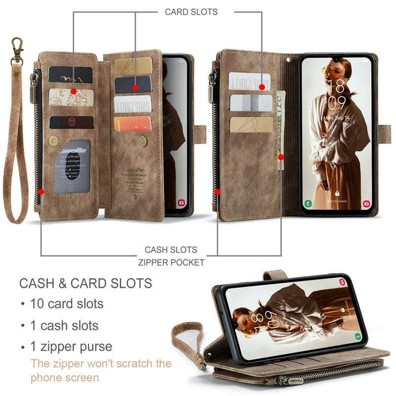 CASEME C30 Series для Samsung Galaxy A15 4G / 5G Чехол с 10 слотами для карт Кожаный флип Защитный чехол для телефона - Коричневый