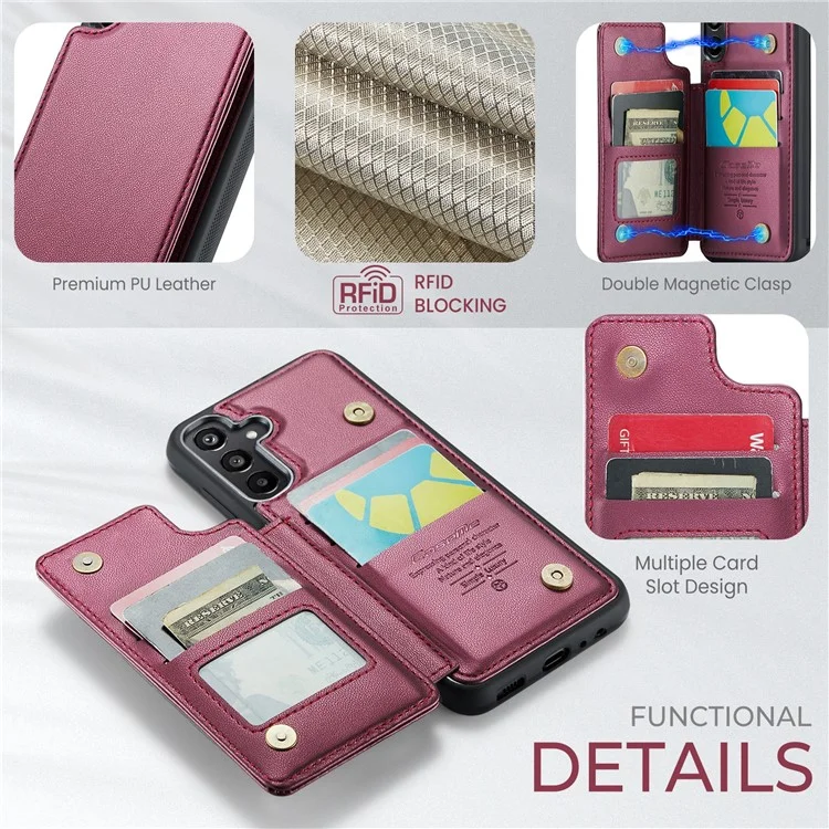 CASEME C22 Série Pour Samsung Galaxy A15 4G / 5G Étui Cuir Blocage RFID 5 Fentes Carte Support de Dos - Rouge