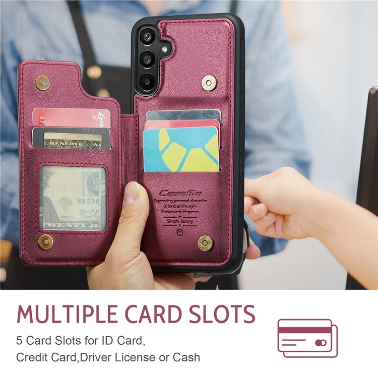 CASEME C22 Série Pour Samsung Galaxy A15 4G / 5G Étui Cuir Blocage RFID 5 Fentes Carte Support de Dos - Rouge