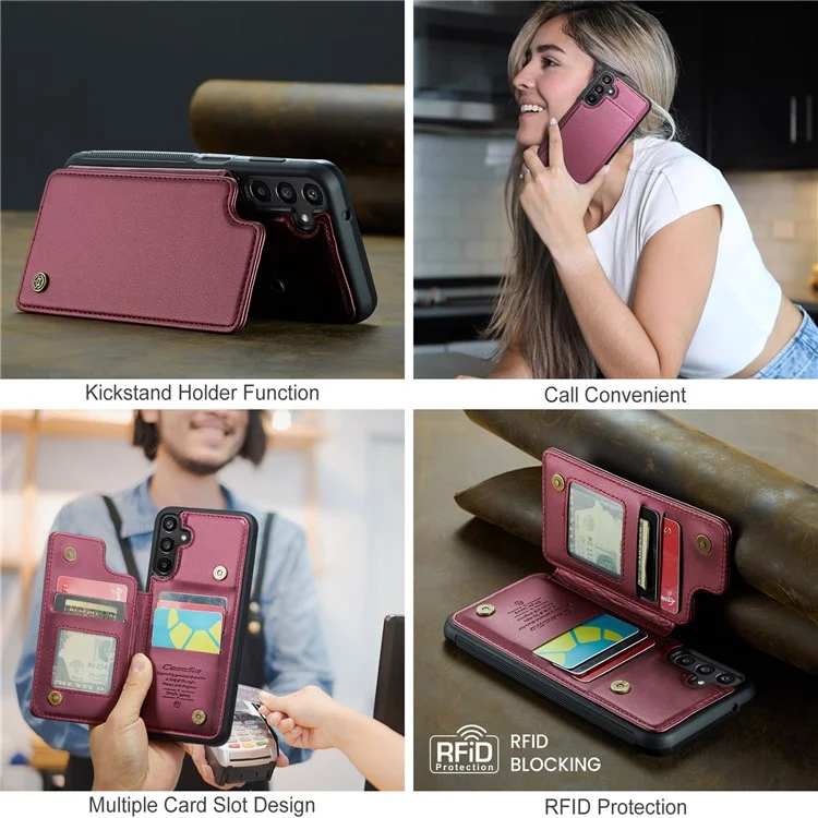 CASEME C22 Série Pour Samsung Galaxy A15 4G / 5G Étui Cuir Blocage RFID 5 Fentes Carte Support de Dos - Rouge