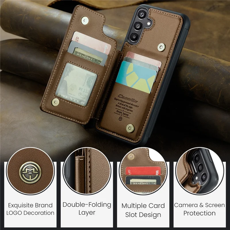 CASEME C22 Series Per Samsung Galaxy A15 4G / 5G Custodia Pelle RFID Blocking 5 Slot per Schede Supporto Posteriore - Marrone