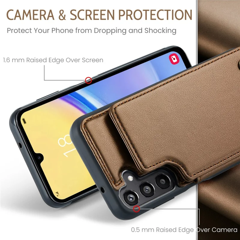 CASEME C22 Series Per Samsung Galaxy A15 4G / 5G Custodia Pelle RFID Blocking 5 Slot per Schede Supporto Posteriore - Marrone