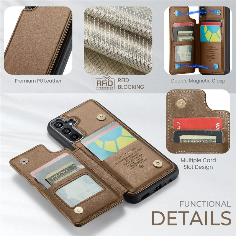 CASEME C22 Series Per Samsung Galaxy A15 4G / 5G Custodia Pelle RFID Blocking 5 Slot per Schede Supporto Posteriore - Marrone