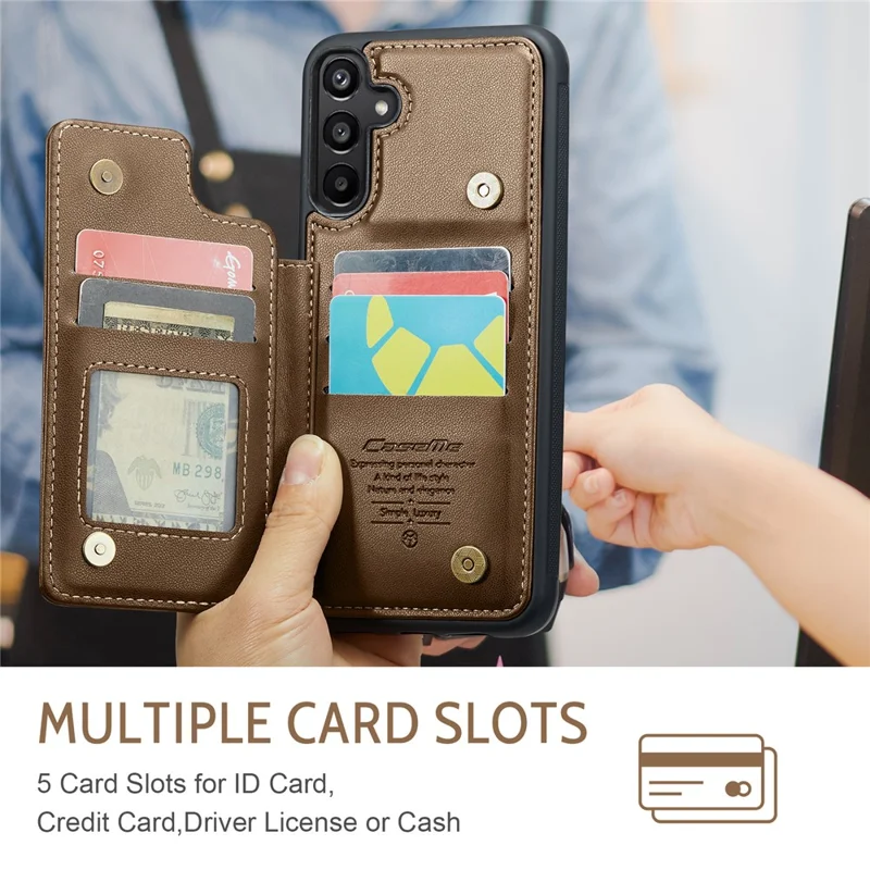 CASEME C22 Series Per Samsung Galaxy A15 4G / 5G Custodia Pelle RFID Blocking 5 Slot per Schede Supporto Posteriore - Marrone