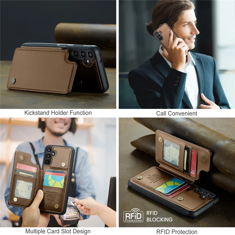 CASEME C22 Series Per Samsung Galaxy A15 4G / 5G Custodia Pelle RFID Blocking 5 Slot per Schede Supporto Posteriore - Marrone
