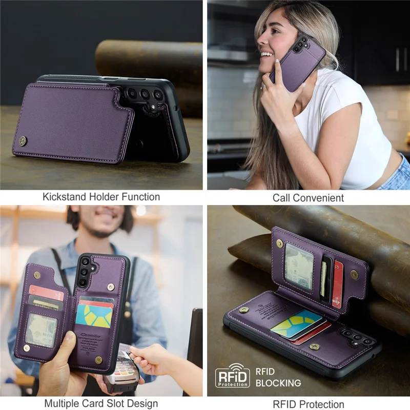 CASEME C22 Série Pour Samsung Galaxy A15 4G / 5G Étui en Cuir Blocage RFID 5 Emplacements pour Cartes Support Arrière - Violet