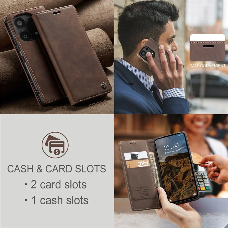 CASEME 013 Série Pour Xiaomi Redmi Note 13 Pro 4G / Poco M6 Pro 4G Étui en Cuir Porte-Cartes Coque de Téléphone - Café