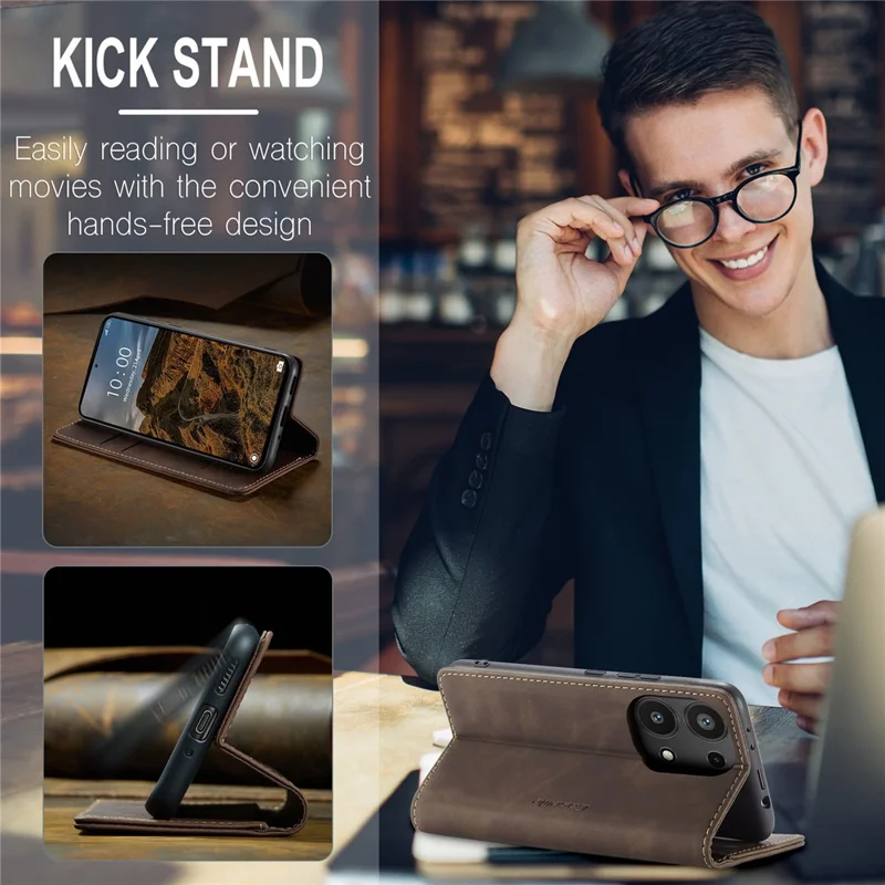 CASEME 013 Série Pour Xiaomi Redmi Note 13 Pro 4G / Poco M6 Pro 4G Étui en Cuir Porte-Cartes Coque de Téléphone - Café