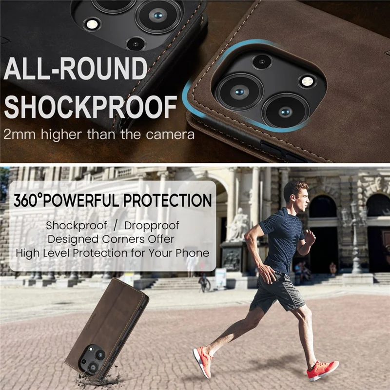 CASEME 013 Série Pour Xiaomi Redmi Note 13 Pro 4G / Poco M6 Pro 4G Étui en Cuir Porte-Cartes Coque de Téléphone - Café