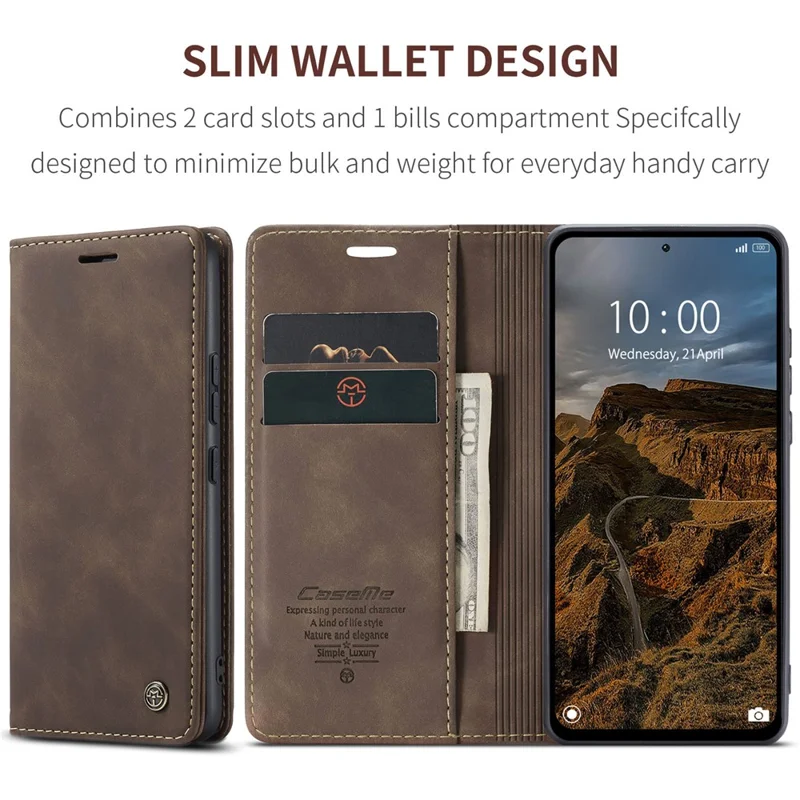 CASEME 013 Série Pour Xiaomi Redmi Note 13 Pro 4G / Poco M6 Pro 4G Étui en Cuir Porte-Cartes Coque de Téléphone - Café
