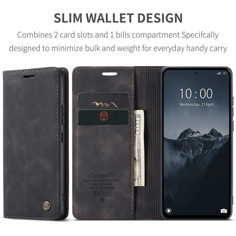 CASEME 013 Série Pour Xiaomi Redmi Note 13 Pro 4G / Poco M6 Pro 4G Étui en Cuir Porte-Cartes Coque de Téléphone - Noir