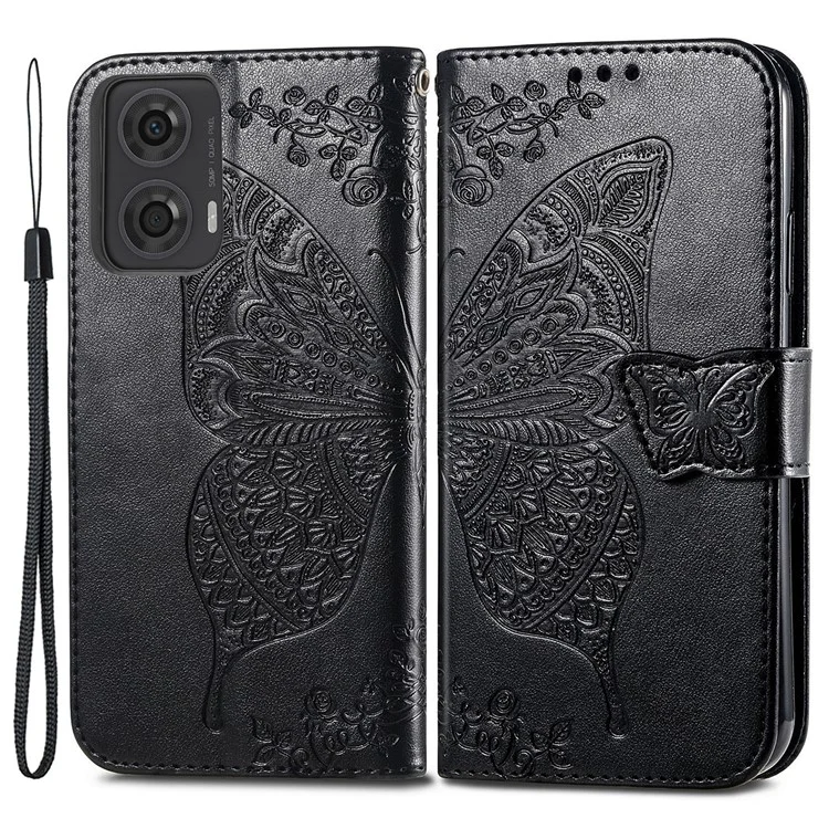 For Motorola Moto E14 4G / G04 4G / G04s 4G / G24 4G Stand Case Imprint Butterfly Flower PU Leather Phone Cover - Black