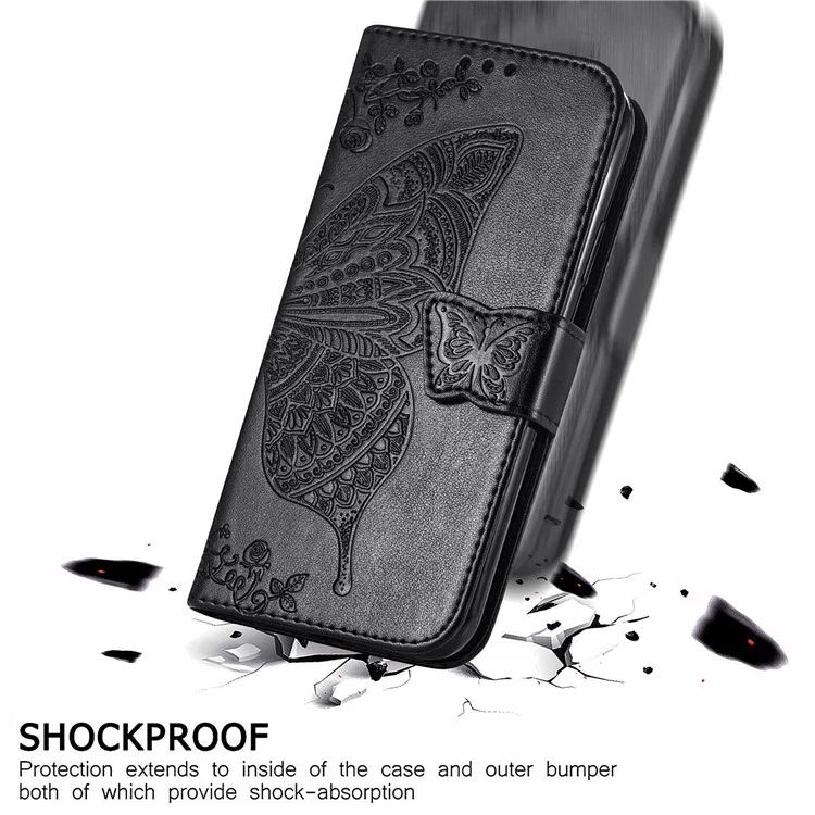For Motorola Moto E14 4G / G04 4G / G04s 4G / G24 4G Stand Case Imprint Butterfly Flower PU Leather Phone Cover - Black
